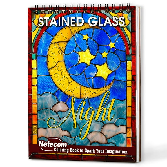 Netecom Stained Glass Night Coloring Book Spiral Bound for Adults, A5 Wooden Cover, 30 Intricate Window Designs Coloring Pages of Night Scenes for Stress Relief and Relaxation