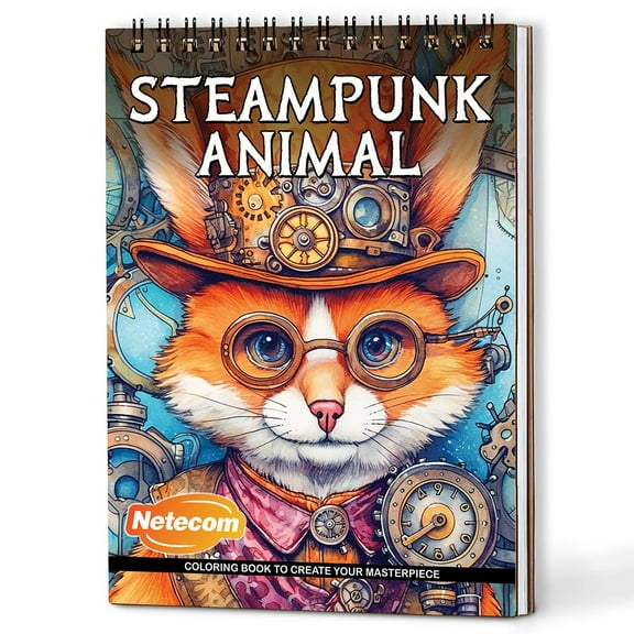 Netecom SteamPunk Animal Coloring Book Spiral Bound for Adults, A5 Wooden Cover, 30 Mechanical Coloring Pages of Steampunk Wild World for Stress Relief and Relaxation