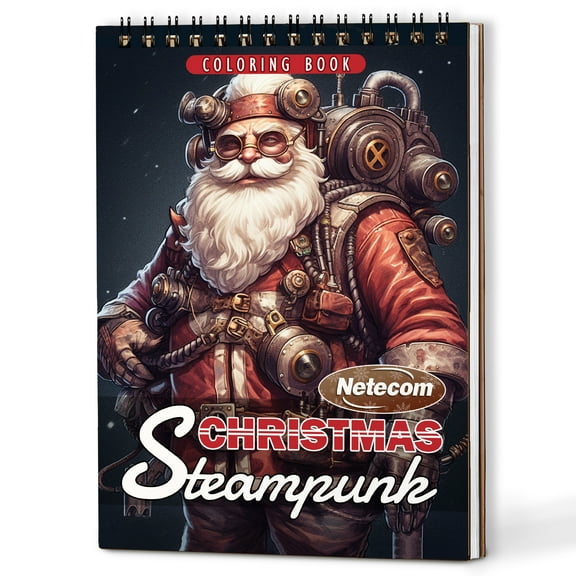 Netecom Steampunk Christmas Coloring Book Spiral Bound for Adults, A5 Wooden Cover, 30 Imaginative Coloring Pages of Vintage-Futuristic Santa Claus for Stress Relief and Relaxation