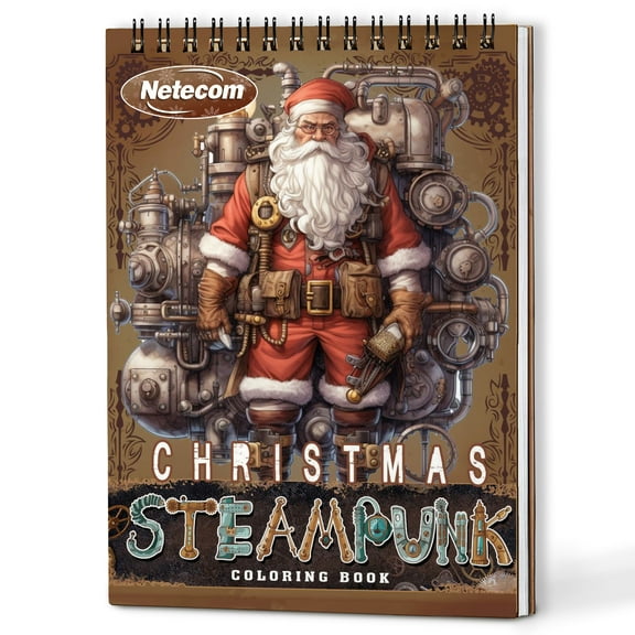 Netecom Steampunk Christmas Coloring Book Spiral Bound for Adults, A5 Wooden Cover, 30 Whimsical Coloring Pages of Retro-Futuristic Santa for Stress Relief and Relaxation
