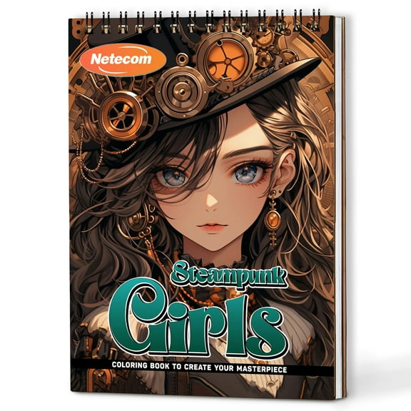 Netecom Steampunk Girls Coloring Book Spiral Bound For Adults, A5 Wooden Cover, 30 Artistic Coloring Pages in Vintage Steampunk Girl Concepts for Stress Relief and Relaxation