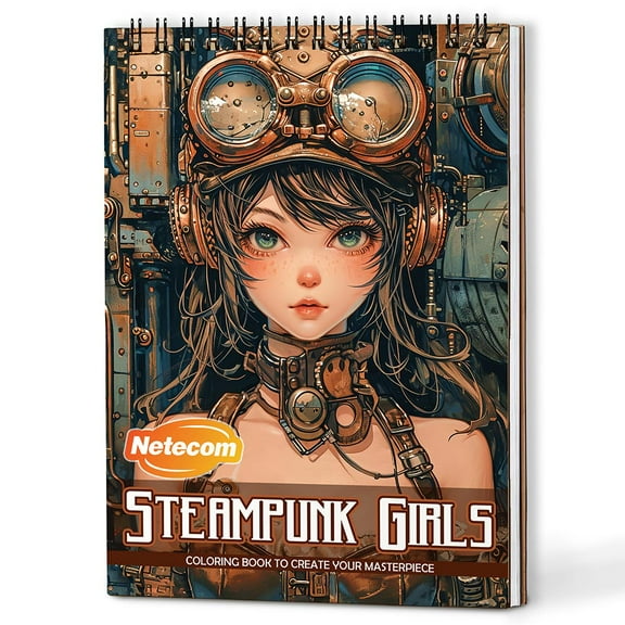 Netecom Steampunk Girls Coloring Book Spiral Bound for Adults, A5 Wooden Cover, 30 Inspired Steampunk Coloring Pages of Creative Girls for Stress Relief and Relaxation