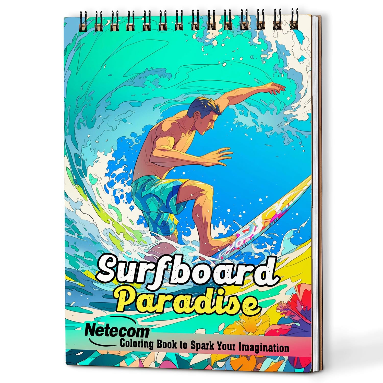 Netecom Surfboard Paradise Coloring Book for Adults, A5 Wooden Cover, 30 Beautiful Coloring Pages of Surfing Lifestyle for Stress Relief and Relaxation, Spiral Bound Edition