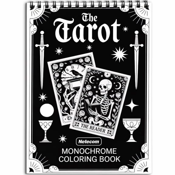 Netecom The Tarot Monochrome Coloring Book Spiral Bound for Adults, Softcover, Relaxing One-Color Illustrations with Major Arcana, Mystical Symbols, Celestial Designs for Mindfulness, Stress Relief