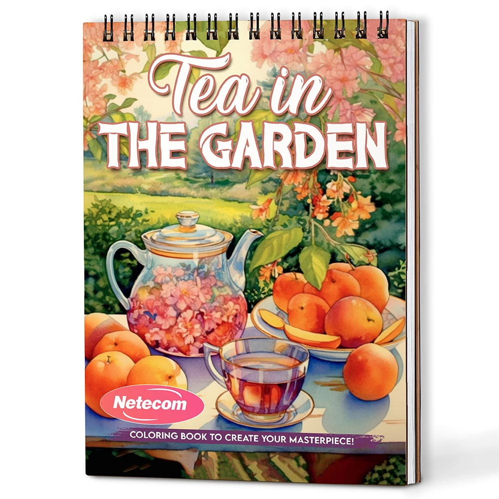 Netecom Tea in the Garden Coloring Book Spiral Bound For Adults, A5 Wooden Cover, 30 Charming Coloring Pages in Cozy Garden Scenes for Stress Relief and Relaxation