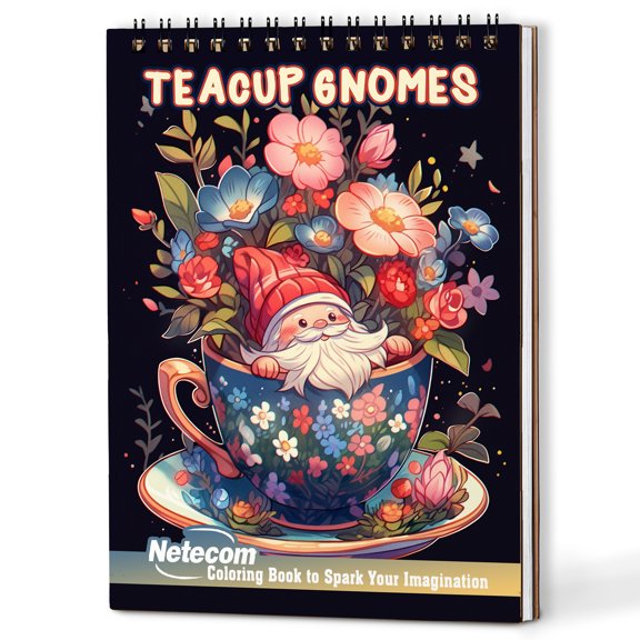 Netecom Teacup Gnomes Coloring Book Spiral Bound for Adults, Wooden Cover, 30 Whimsical Coloring Pages of Cute Gnome in Cup for Stress Relief and Relaxation