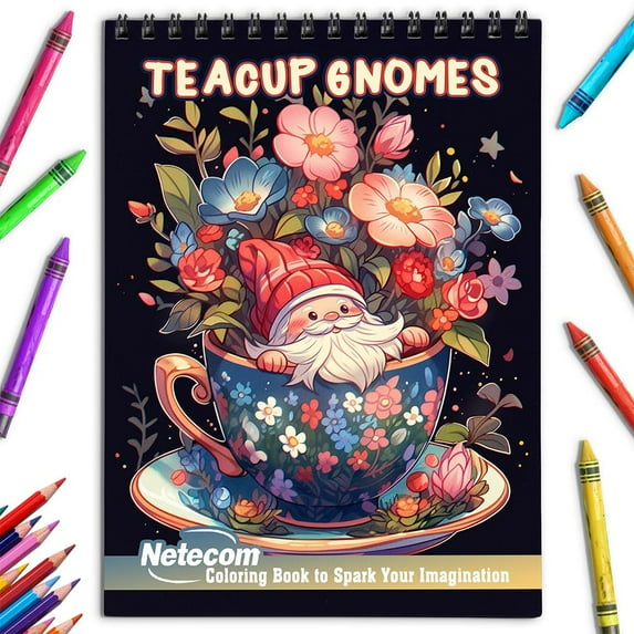 Netecom Teacup Gnomes Coloring Book for Adults, Spiral Bound, Soft Cover