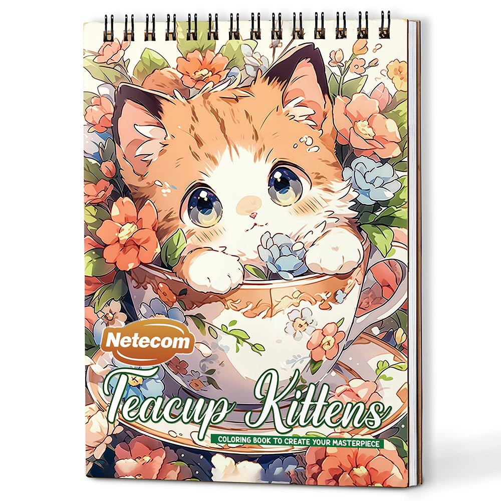Netecom Teacup Kittens Coloring Book Spiral Bound for Adults, A5 Wooden Cover, 30 Adorable Kittens in Cute Teacups Coloring Pages for Stress Relief and Relaxation