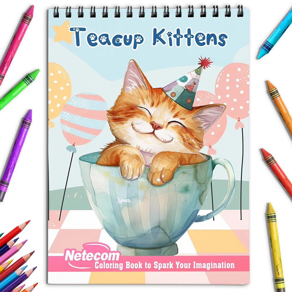 Netecom Teacup Kittens Coloring Book for Adults, Spiral Bound, Soft Cover