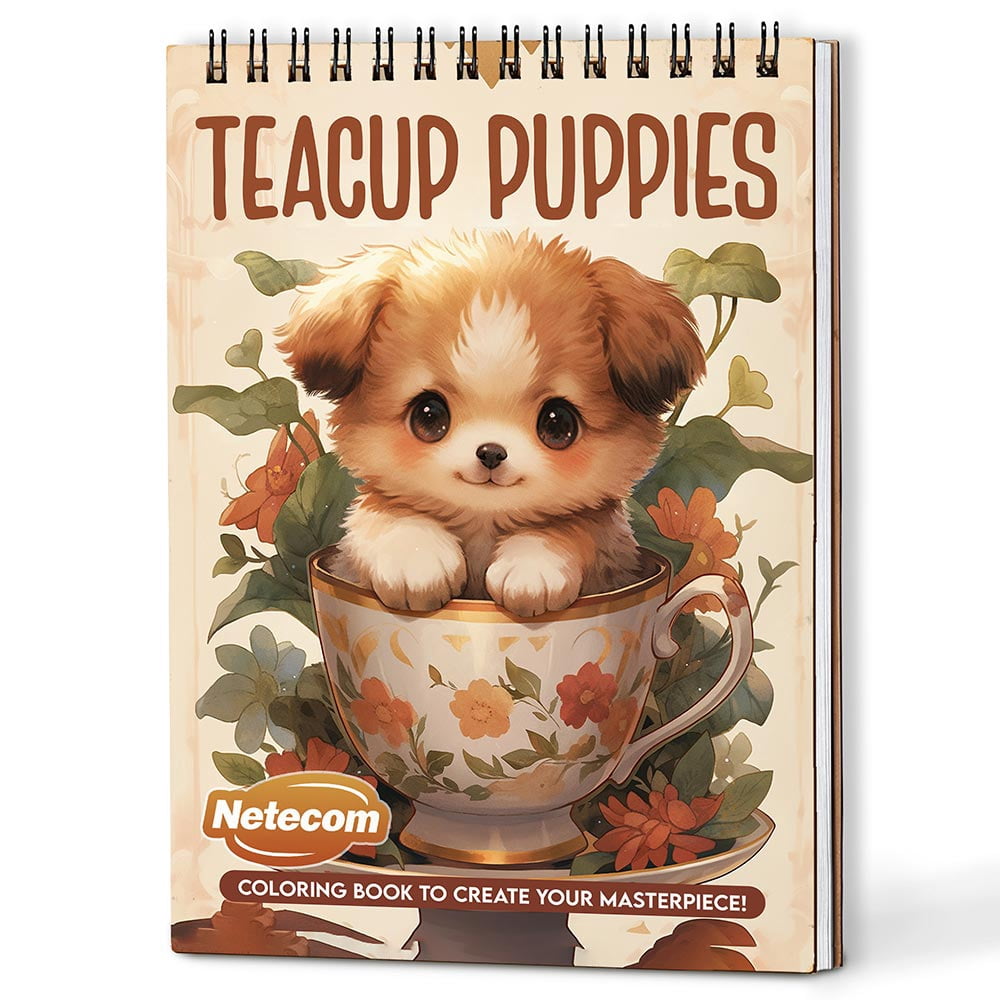 Netecom Teacup Puppies Coloring Book Spiral Bound for Adults, A5 Wooden Cover, 30 Adorable Puppies in Cute Teacups Coloring Pages for Stress Relief and Relaxation