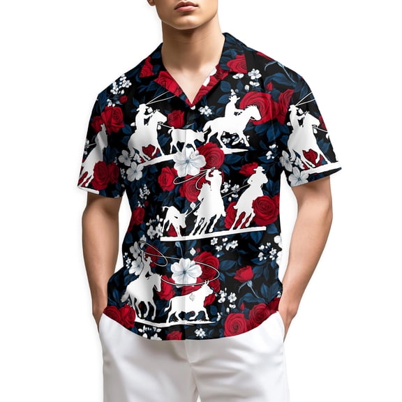 Netecom Team Roping Red Rose Hawaiian Shirt for Men, Western Cowboy Rodeo Style, Button Down Summer Beach Short Sleeve, S-5XL