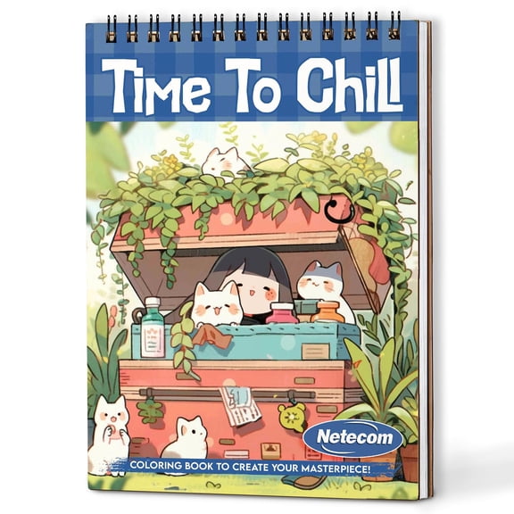Netecom Time To Chill Coloring Book for Adults, A5 Wooden Cover, Spiral Bound Edition, 30 Tranquil Coloring Pages of Tiny Worlds for Stress Relief and Relaxation