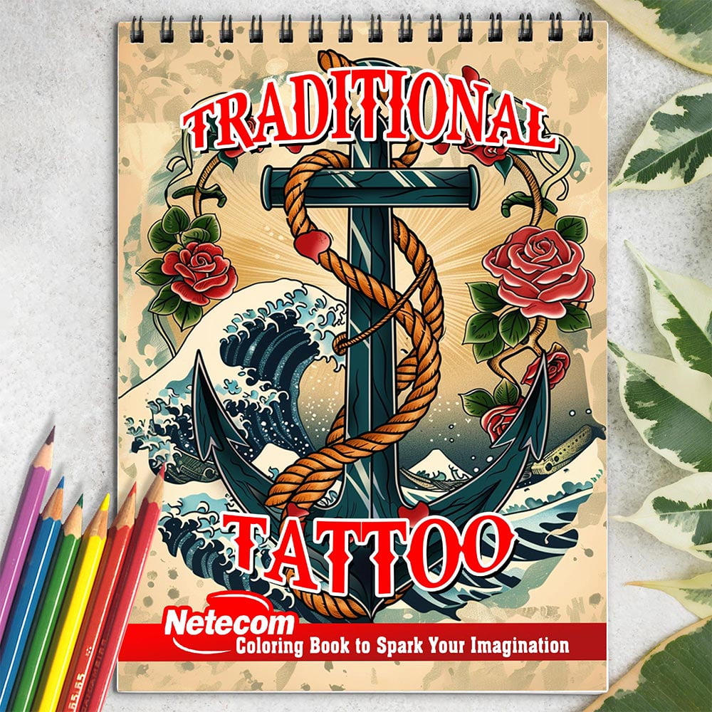 Traditional Tattoo Coloring Book for Adults, Spiral Bound, Soft