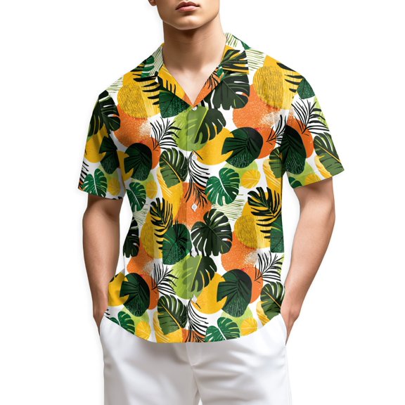 Netecom Tropical Leaf Pattern Hawaiian Shirt for Men, Abstract Jungle Botanical Print Button Down Shirt