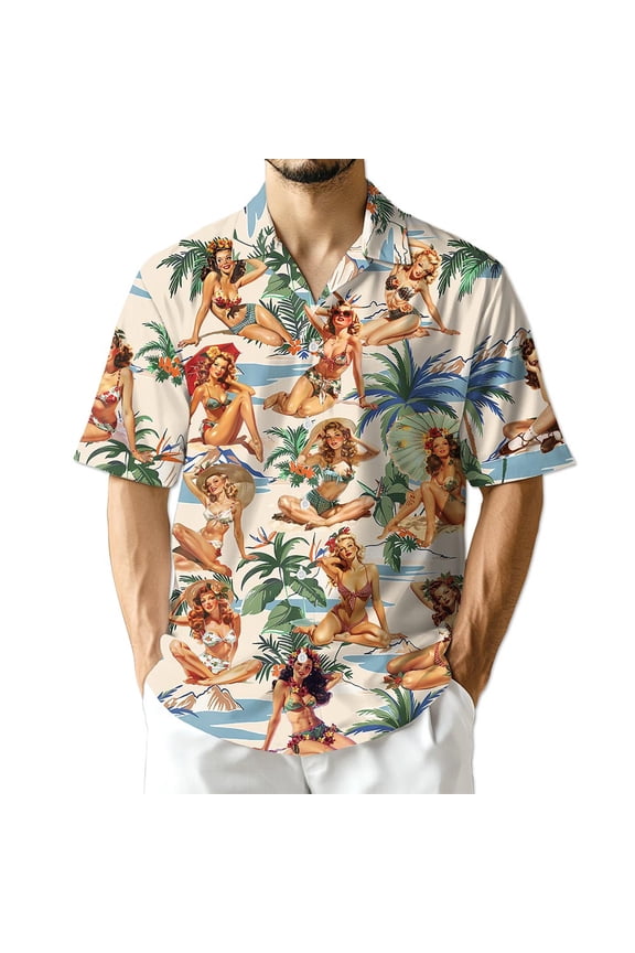 Tropical Pinup Girls Hawaiian Shirt for Men Women, Beautiful Sexy Girl Button Down Summer Aloha Beach Shirts, S-5XL