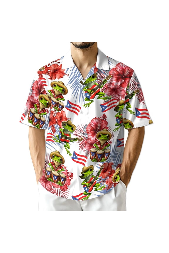 Tropical Puerto Rico Coqui Hibiscus Hawaiian Shirt for Men, Floral Animal Button Down Summer Beach Shirts, S-5XL