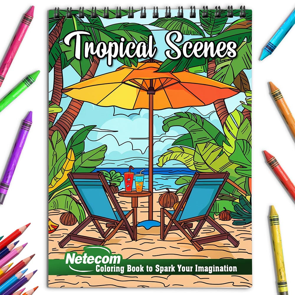 Netecom Tropical Scenes Coloring Book for Adults, Spiral Bound, Soft Cover