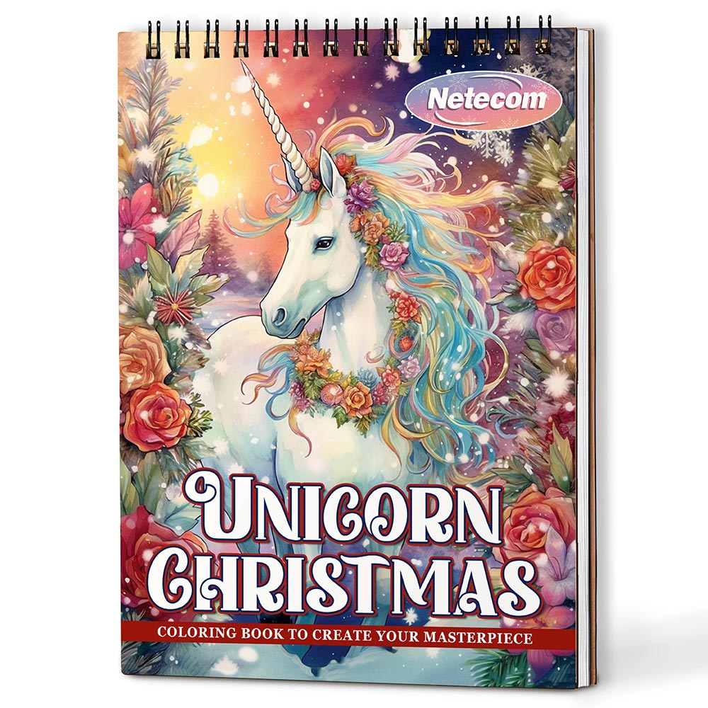 Netecom Unicorn Christmas Coloring Book Spiral Bound for Adults, A5 Wooden Cover, 30 Enchanting Coloring Pages of Mythical Creatures for Stress Relief and Relaxation