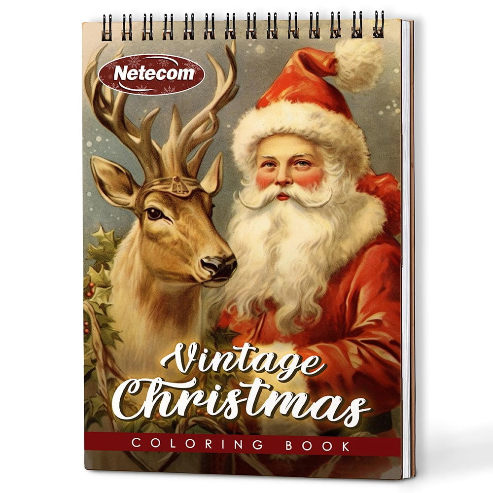 Netecom Vintage Christmas Coloring Book Spiral Bound for Adults, A5 Wooden Cover, 30 Beautiful Coloring Pages of Classic Holiday Scenes for Stress Relief and Relaxation