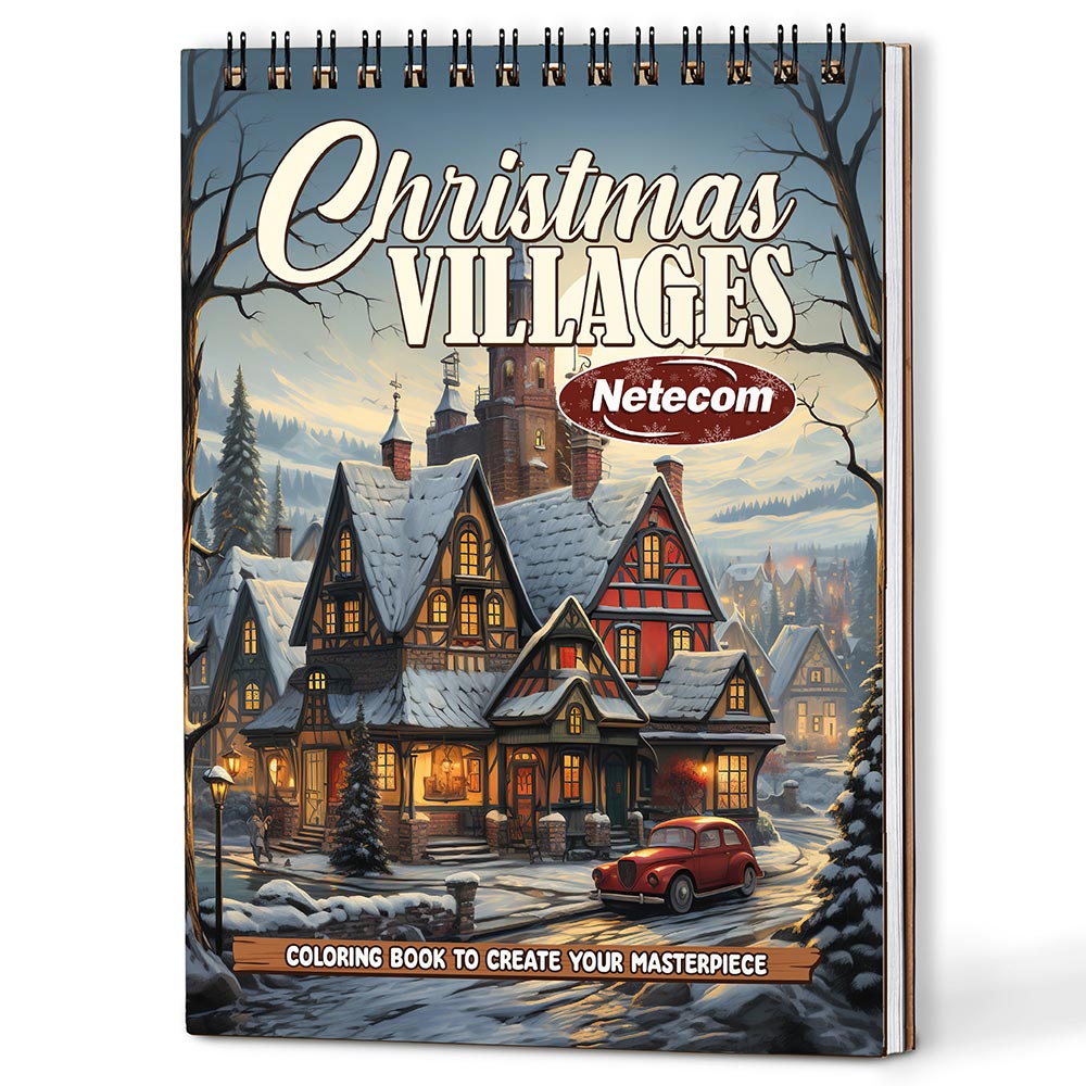 Netecom Vintage Christmas Coloring Book Spiral Bound for Adults, A5 Wooden Cover, 30 Delightful Coloring Pages of Classic Holiday Scenes for Stress Relief and Relaxation