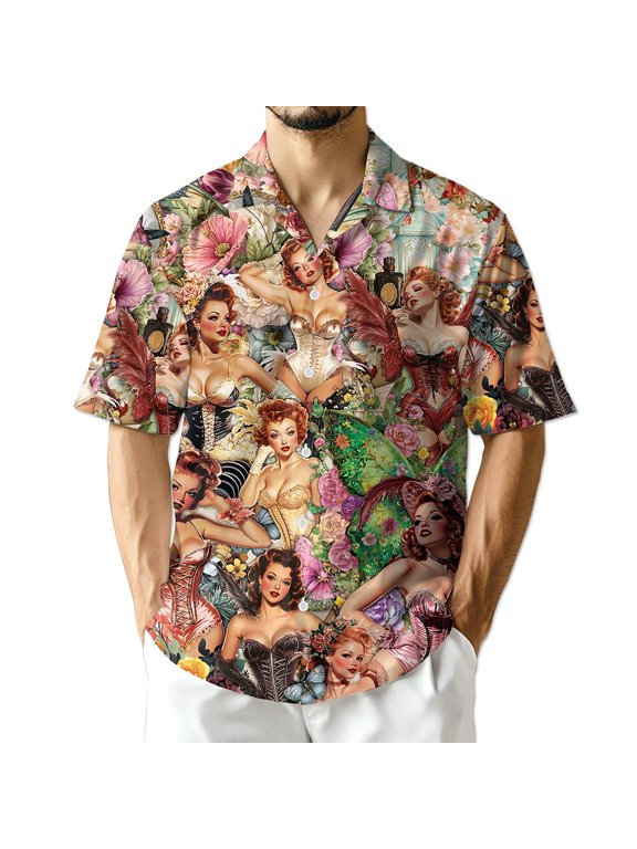 Vintage Dancer Pinup Carnival Hawaiian Shirt for Men Women, Floral Button Down Summer Beach Short Sleeve Shirts, S-5XL