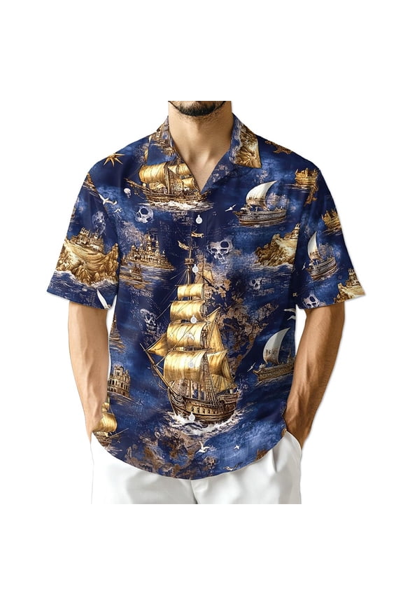 Vintage Pirate Ship Hawaiian Shirt for Men, Sailor Gift, Nautical Boat Captain Button Down Summer Beach Shirt, S-5XL