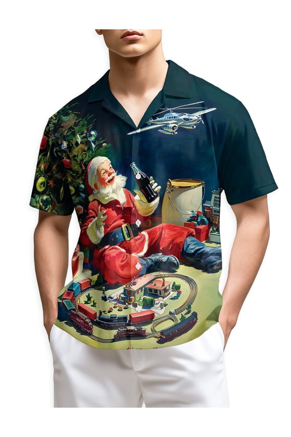 Vintage Santa Claus Christmas Train Hawaiian Shirt for Men, Retro Santa Xmas Button Down Short Sleeve Shirt