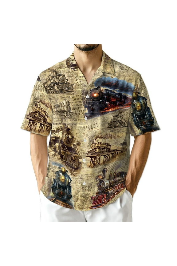 Vintage Train Hawaiian Shirt for Men Women, Station Railway Button Down Summer Aloha Beach Short Sleeve Shirts, S-5XL