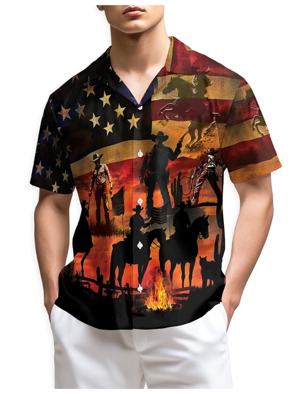 Vintage Western Cowboy Sunset Hawaiian Shirt for Men, Wild Horses Button Down Summer Beach Short Sleeve, Sizes S-5XL