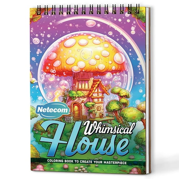 Netecom Whimsical House Coloring Book Spiral Bound for Adults, A5 Wooden Cover, 30 Architectural Coloring Pages of Fanciful Design Houses for for Stress Relief and Relaxation