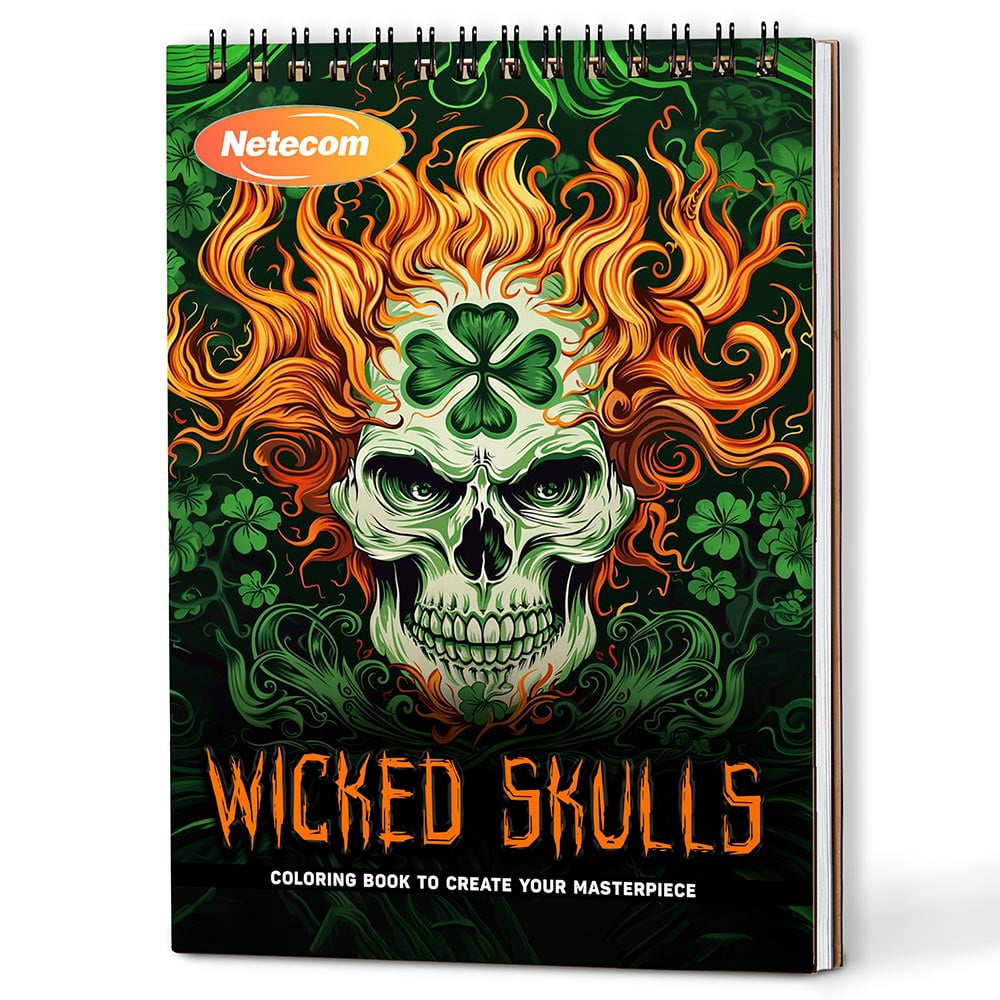 Netecom Wicked Skulls Coloring Book Spiral Bound For Adults, A5 Wooden Cover, 30 Dark Coloring Pages in Intricate Skull Designs for Stress Relief and Relaxation
