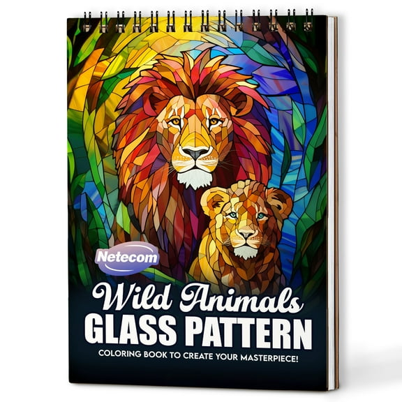 Netecom Wild Animals Stained Glass Coloring Book Spiral Bound for Adults, A5 Wooden Cover, 30 Stained Glass Coloring Pages of Natural Wildlife for Stress Relief and Relaxation