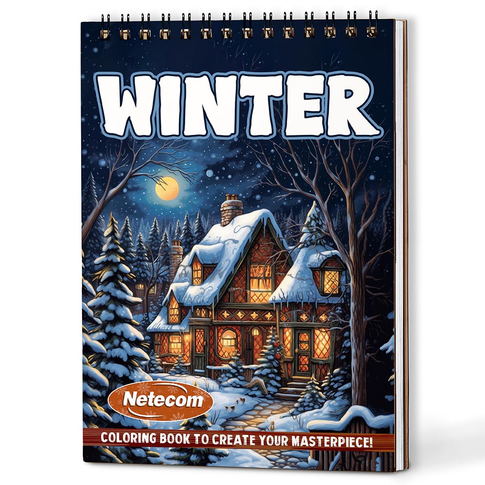 Netecom Winter Coloring Book Spiral Bound for Adults, A5 Wooden Cover, 30 Tranquil Coloring Pages of Serene Winter Landscapes for Stress Relief and Relaxation