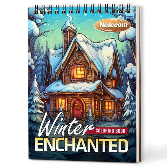Netecom Winter Enchanted Coloring Book Spiral Bound For Adults, A5 Wooden Cover, 30 Magical Coloring Pages of Snow-Covered Forests for Stress Relief and Relaxation