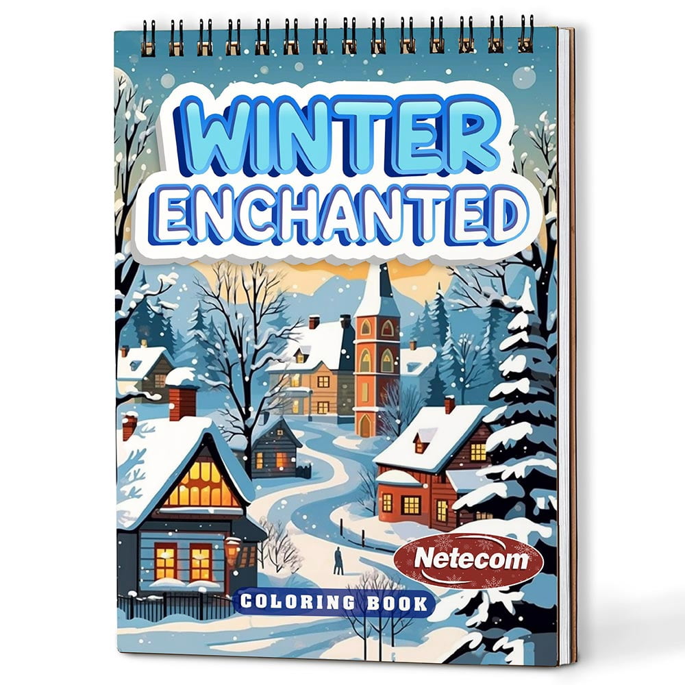 Netecom Winter Enchanted Coloring Book Spiral Bound For Adults, A5 Wooden Cover, 30 Tranquil Coloring Pages of Frozen Landscapes for Stress Relief and Relaxation