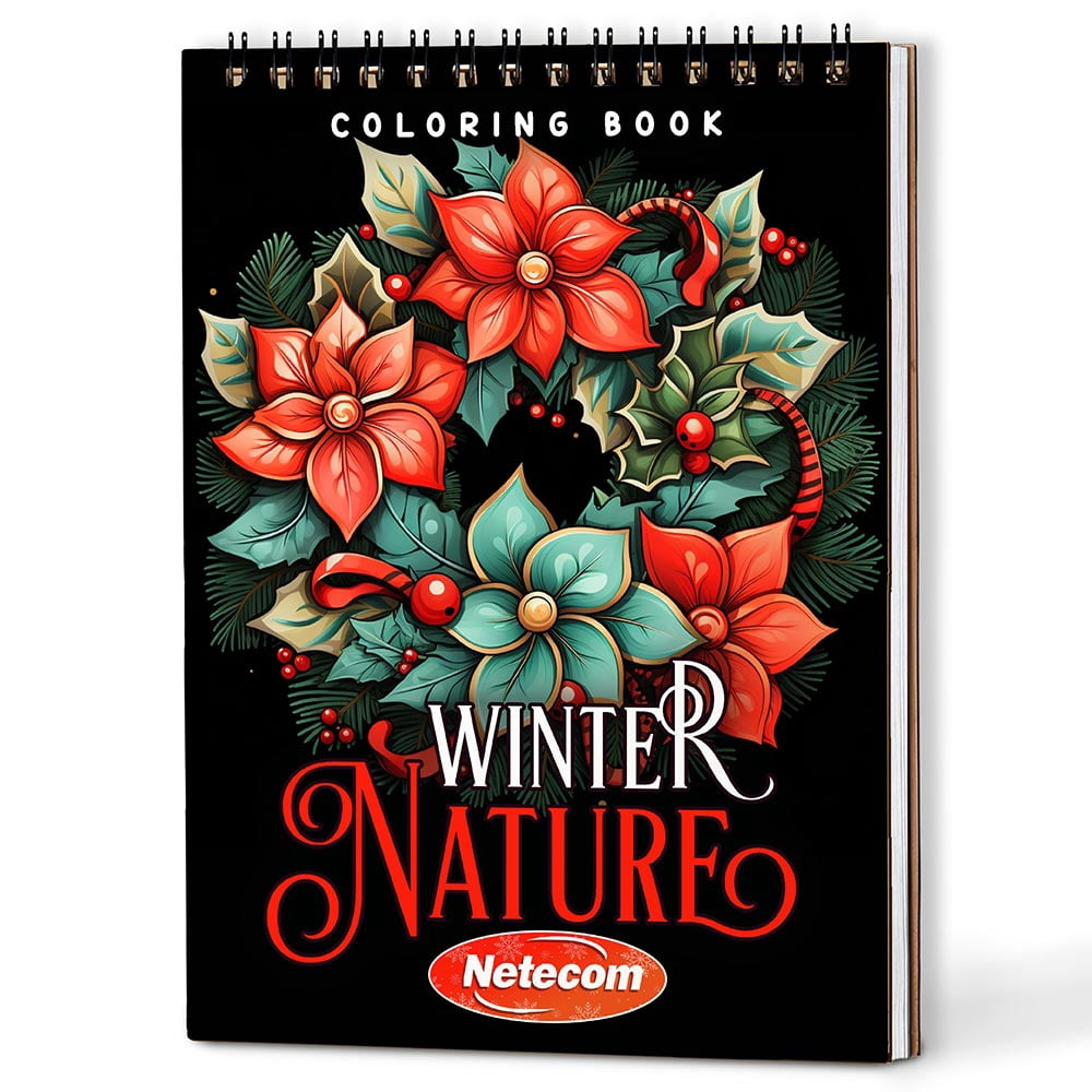 Netecom Winter Nature Coloring Book Spiral Bound for Adults, A5 Wooden Cover, 30 Beautiful Coloring Pages of Various Flowers for Stress Relief and Relaxation