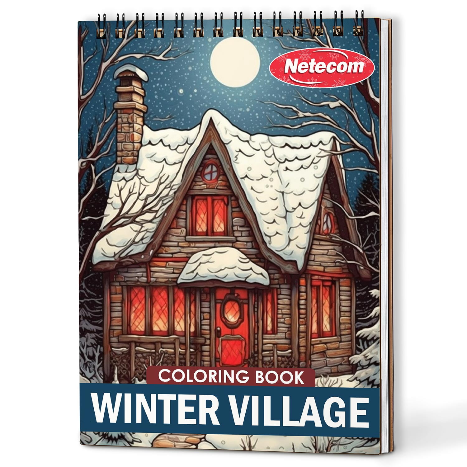 Netecom Winter Village Coloring Book Spiral Bound for Adults, A5 Wooden Cover, 30 Delightful Coloring Pages of Cozy Winter Villages for Stress Relief and Relaxation