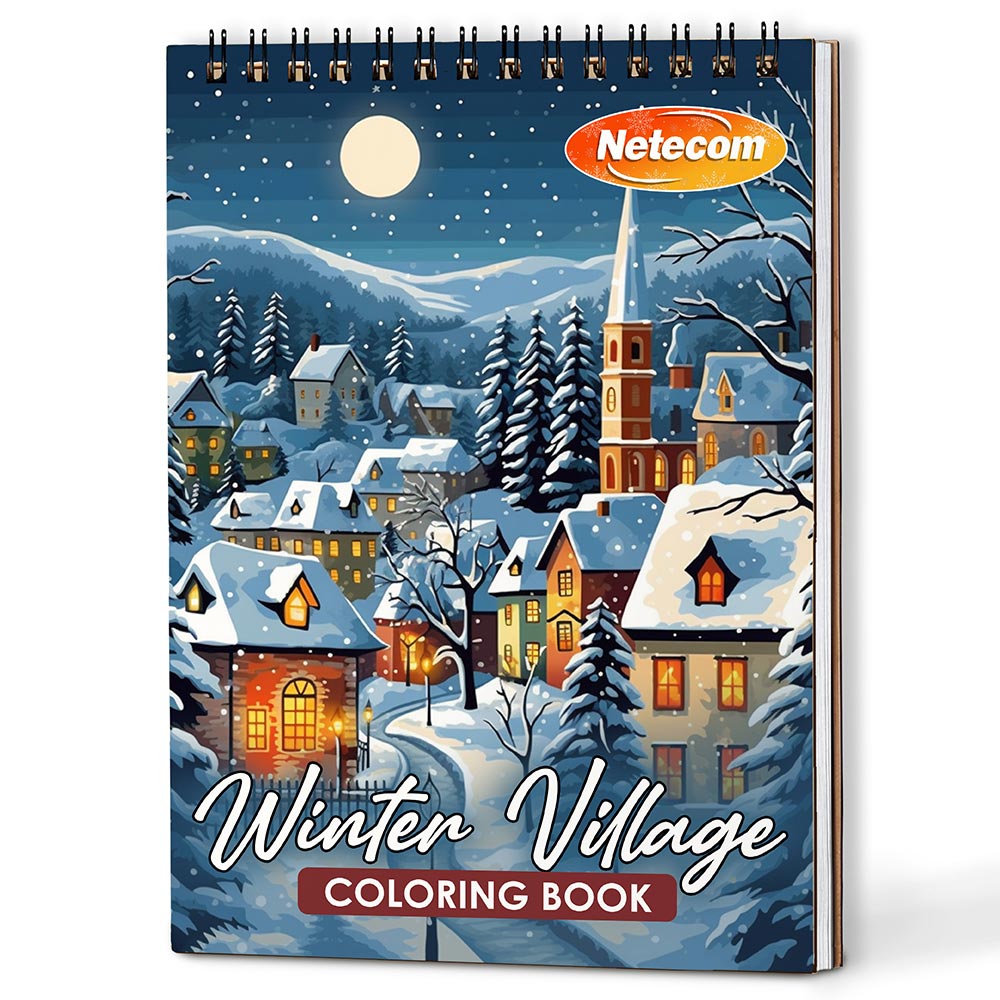 Netecom Winter Village Coloring Book Spiral Bound for Adults, A5 Wooden Cover, 30 Serene Coloring Pages of Cozy Winter Villages for Stress Relief and Relaxation