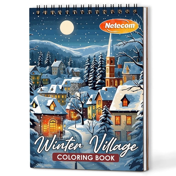 Netecom Winter Village Coloring Book Spiral Bound for Adults, A5 Wooden Cover, 30 Serene Coloring Pages of Cozy Winter Villages for Stress Relief and Relaxation