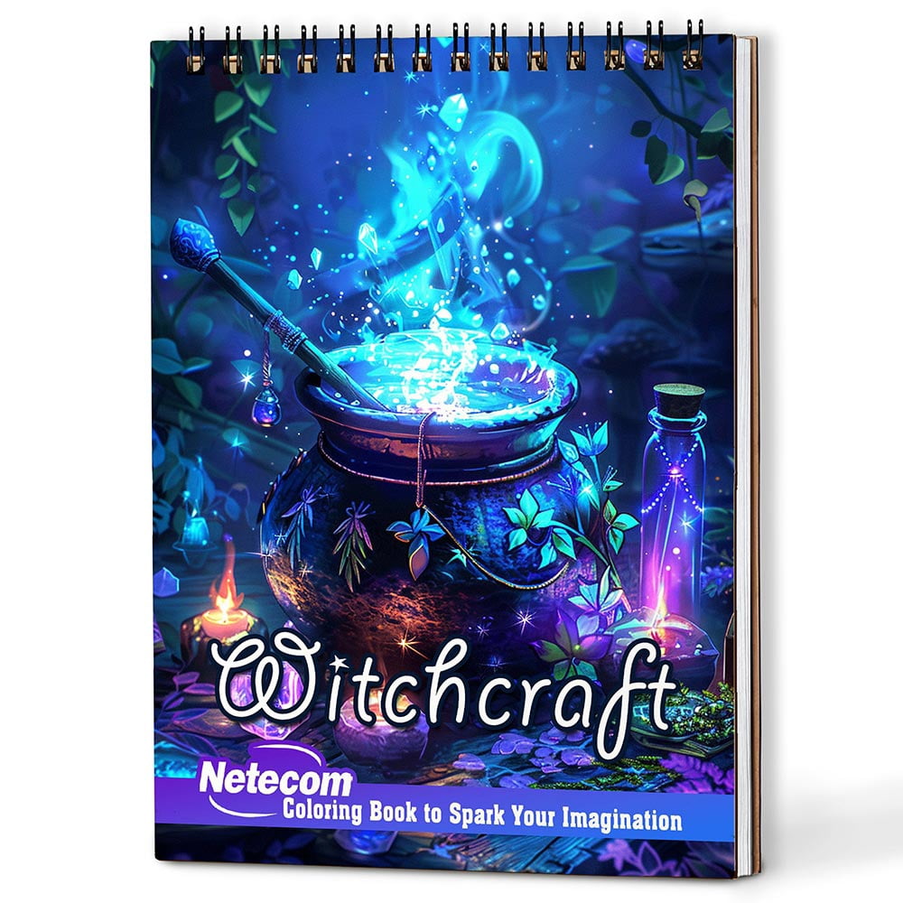 Netecom Witchcraft Coloring Book for Women, A5 Wooden Cover, 30 Enchanting Coloring Pages of Witchy Thing and Magical Potion for Stress Relief and Relaxation, Spiral Bound Edition