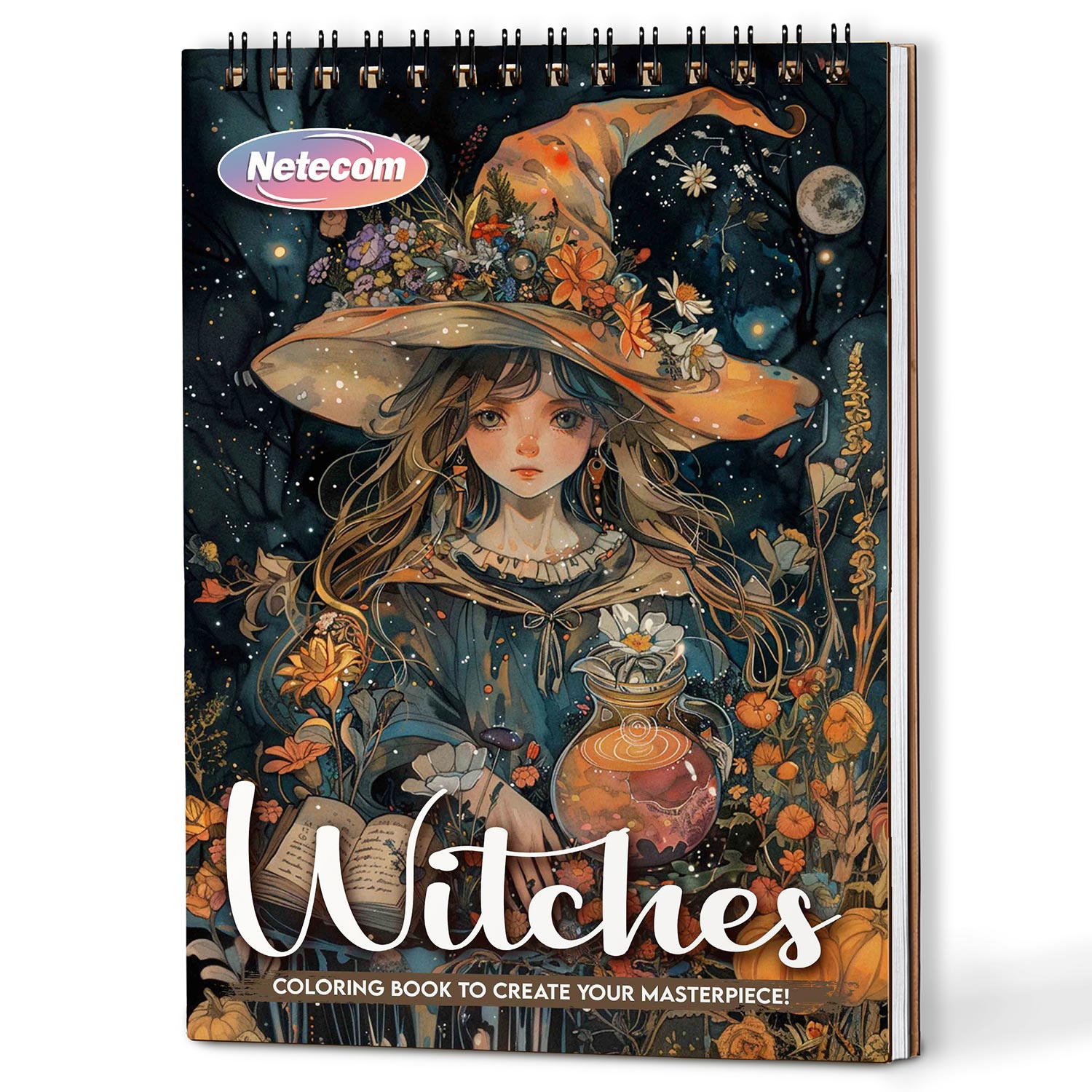 Netecom Witches Coloring Book Spiral Bound for Adults, A5 Wooden Cover, 30 Stunning Coloring Pages of Magical World to Explore Mysteries of Witchcraft for Stress Relief and Relaxation