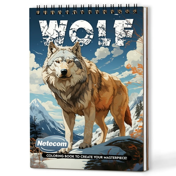 Netecom Wolf Coloring Book Spiral Bound for All Ages, A5 Wooden Cover, 30 Amazing Wolves Coloring Pages of Natural Habitats for Stress Relief and Relaxation