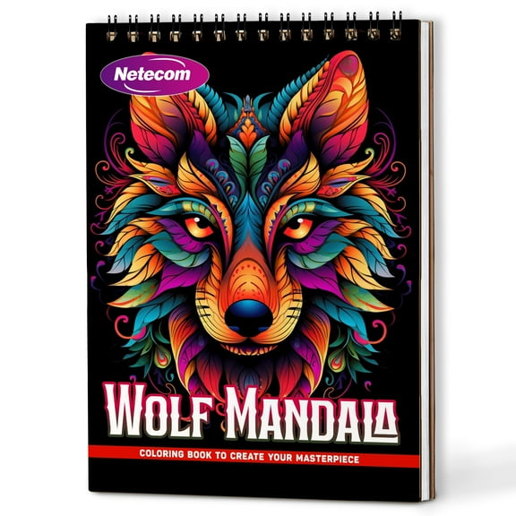 Netecom Wolf Mandala Coloring Book Spiral Bound For Adults, A5 Wooden Cover, 30 Stunning Coloring Pages of Sacred Wolf Mandalas for Stress Relief and Relaxation