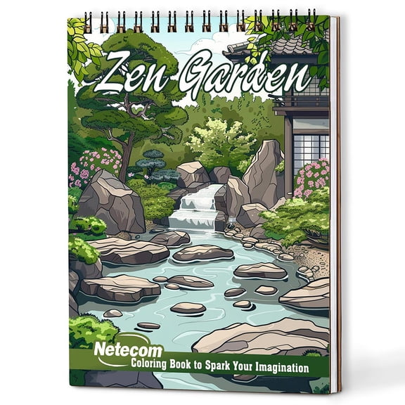 Netecom Zen Garden Coloring Book Spiral Bound for Adults, A5 Wooden Cover, 30 Serene Scenes Coloring Pages of Peaceful Garden for Stress Relief and Relaxation