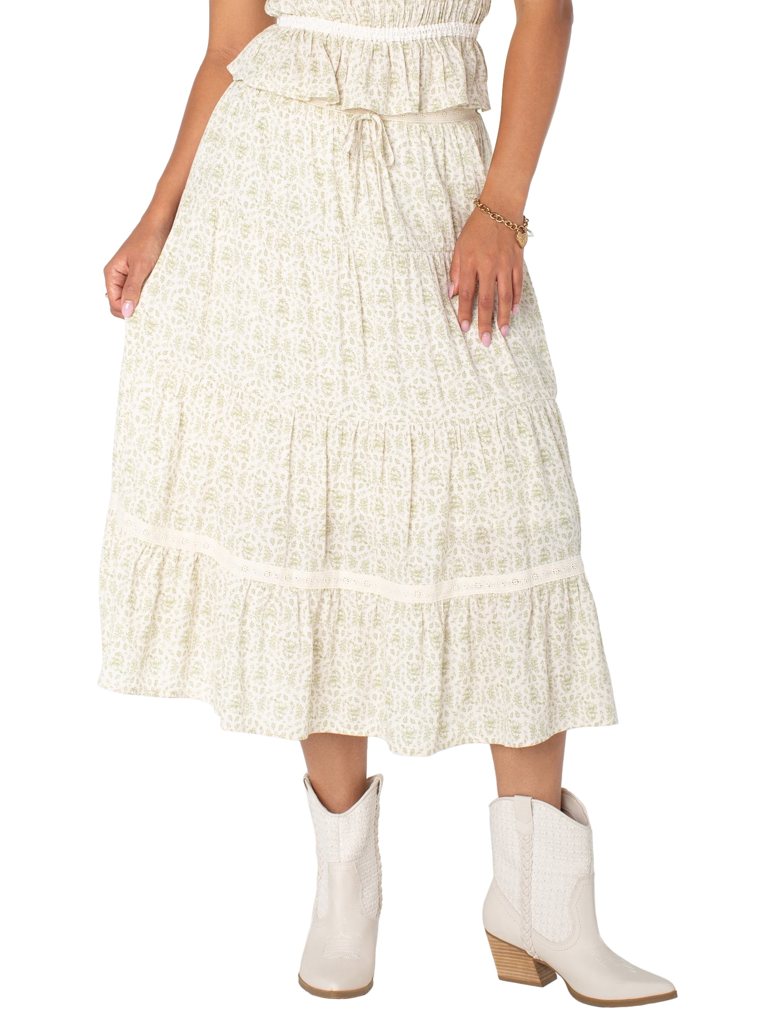Bridgerton Celebrity Pink Women's Lace Trim Tiered Midi Skirt, Sizes XS-XXXL