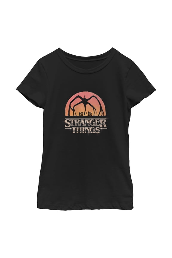 Netflix Girls' Stranger Things Mind Flayer Sunset Chrome Logo T Shirt