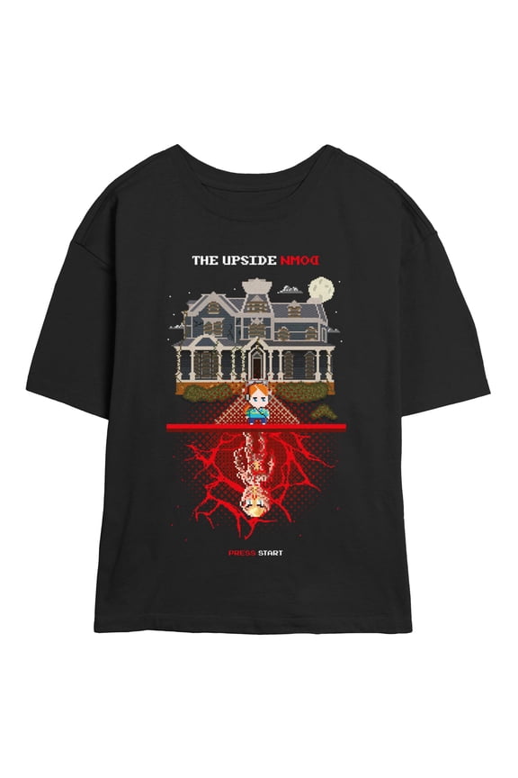 Netflix Juniors' Stranger Things Upside Down Max and Vecna Press Start Pixels T Shirt