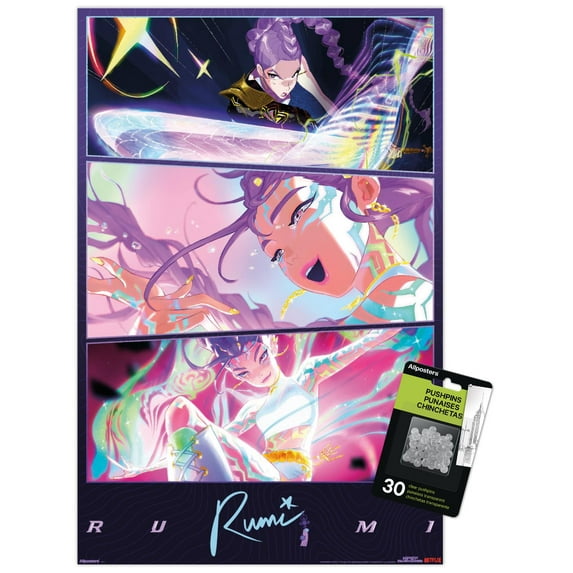 Netflix KPop Demon Hunters (2025) - Huntrix Featuring Rumi Wall Poster with Push Pins, 14.725" x 22.375"