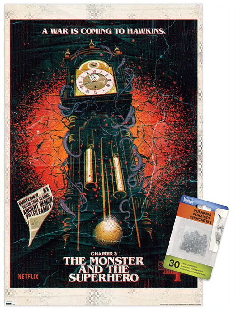 Netflix Stranger Things Season 4 The Clock Wall Poster with Push Pins, 14.725" x 22.375