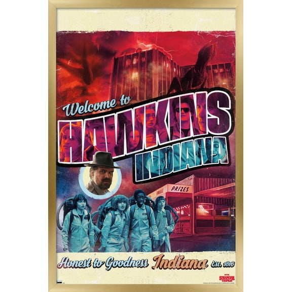 Netflix Stranger Things - Welcome to Hawkins Indiana Wall Poster, 14.725" x 22.375", Framed